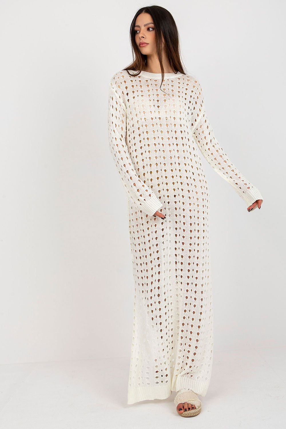 Badu Openwork Long Knit Long-Sleeve Beach Dress with Side Slits beige 2 one-size-fits-all