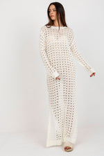 Badu Openwork Long Knit Long-Sleeve Beach Dress with Side Slits beige 2 one-size-fits-all