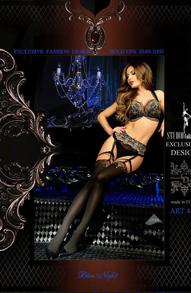 Ballerina Blue Night Hold Ups Black & Skin with Faux Suspenders & Gold Detailing