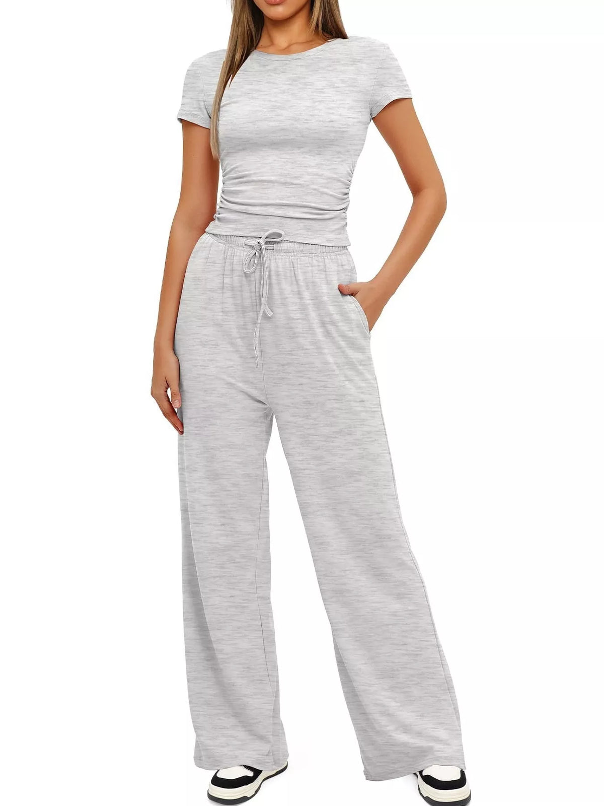 Round Neck Short Sleeve T-Shirt and Pants Two-piece Loungewear Set Light Gray