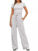 Round Neck Short Sleeve T-Shirt and Pants Two-piece Loungewear Set Light Gray