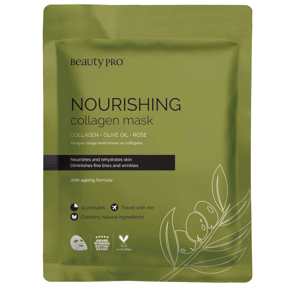 BeautyPro Nourishing Collagen Face Mask with Olive Extract and Rose Single Sheet Mask Treatment (1 x mask)