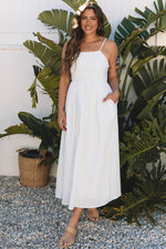 Beige Stripe Spaghetti Strap Pocketed High Waist Maxi Dress Beige Stripe 65%Polyester+35%Cotton