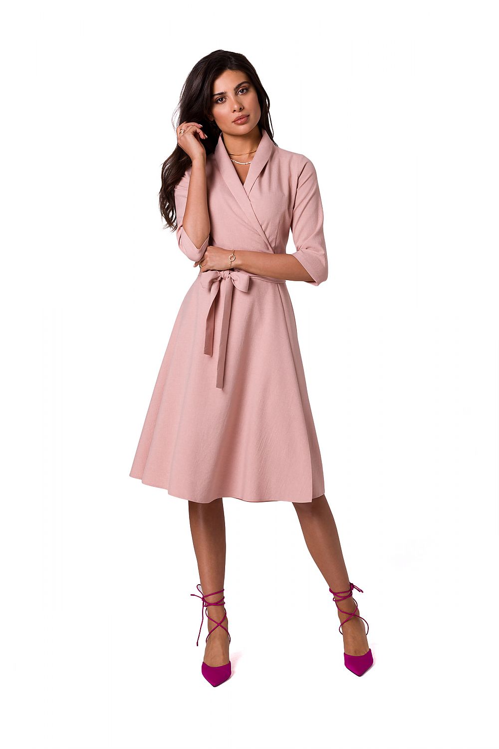 BeWear Envelope Cut Flared Daydress with Shawl Collar and Belt pink