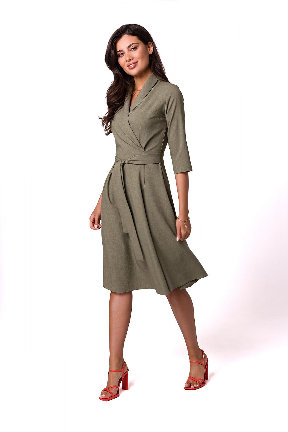 BeWear Envelope Cut Flared Daydress with Shawl Collar and Belt green