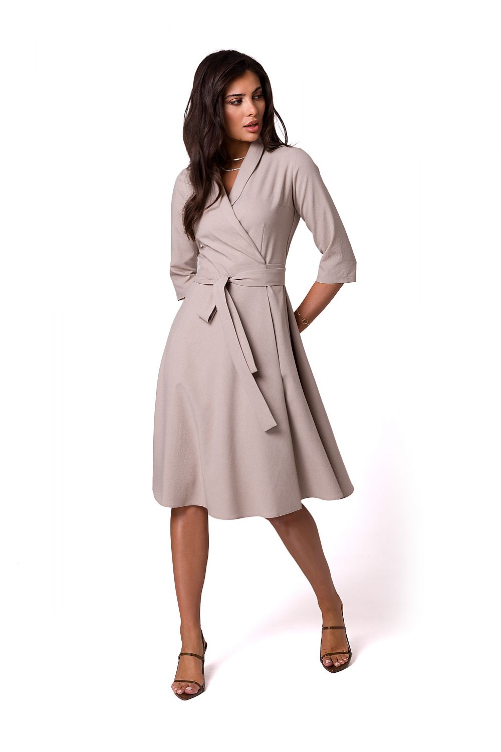 BeWear Envelope Cut Flared Daydress with Shawl Collar and Belt beige