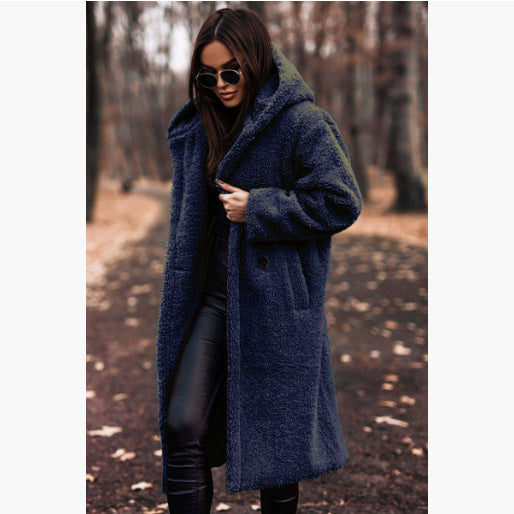Autumn Winter Women’s Fashion Elegant Plush Warm Faux Fleece Long Teddy Coat Dark blue L