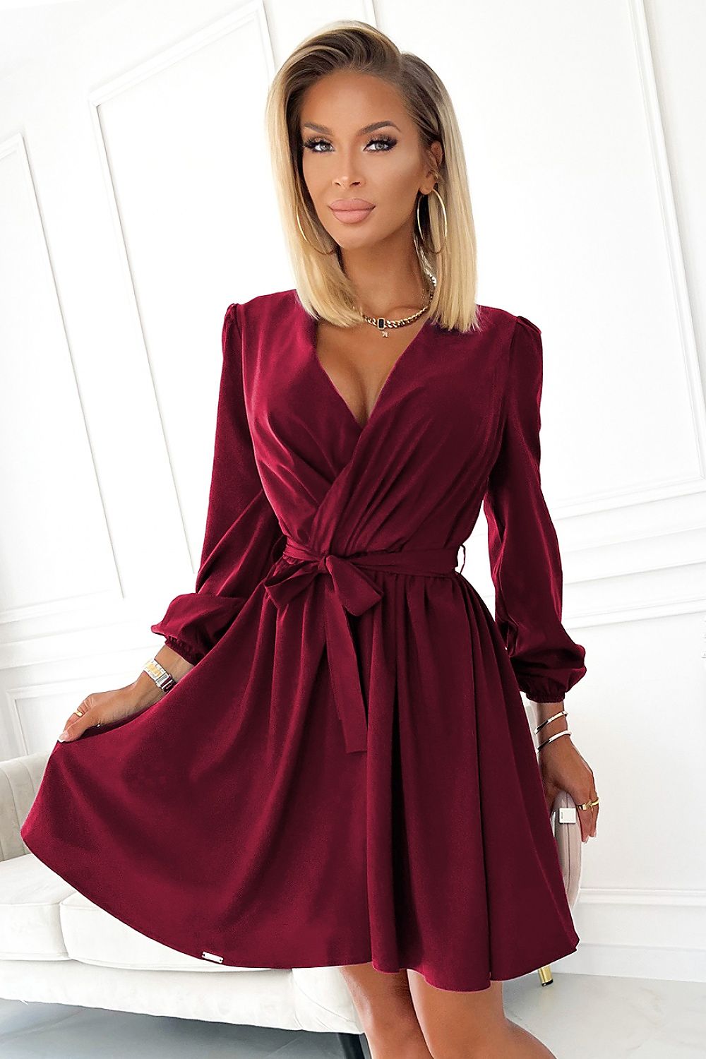 Bindy Long Sleeve Belted Cocktail Dress | Numoco red 2