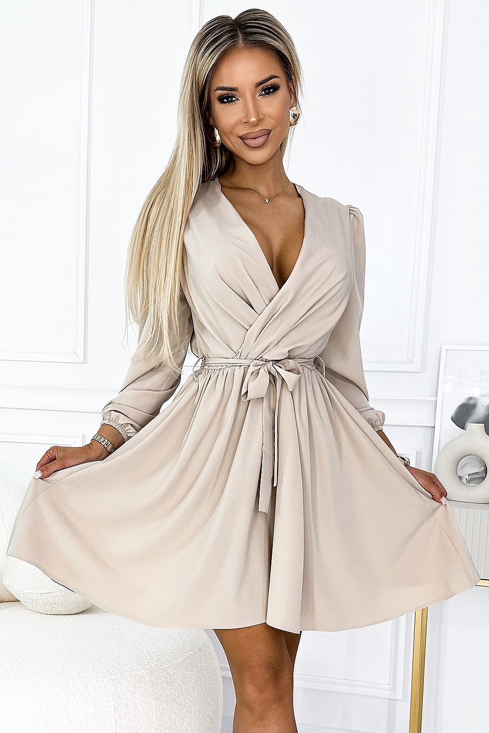 Bindy Long Sleeve Belted Cocktail Dress | Numoco beige