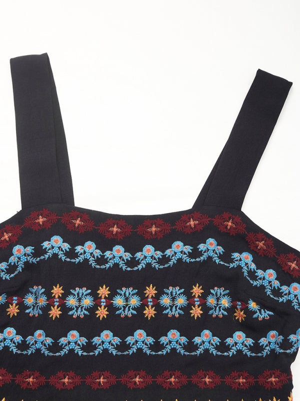 Black Long Strap Dress Ethnic Style Embroidery Dress