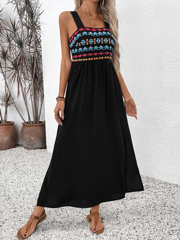 Black Long Strap Dress Ethnic Style Embroidery Dress