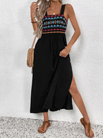 Black Long Strap Dress Ethnic Style Embroidery Dress Black