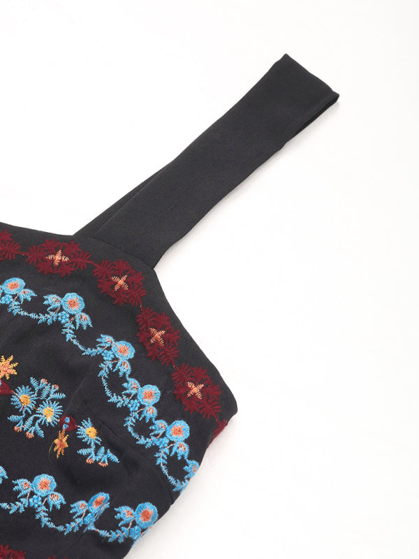 Black Long Strap Dress Ethnic Style Embroidery Dress