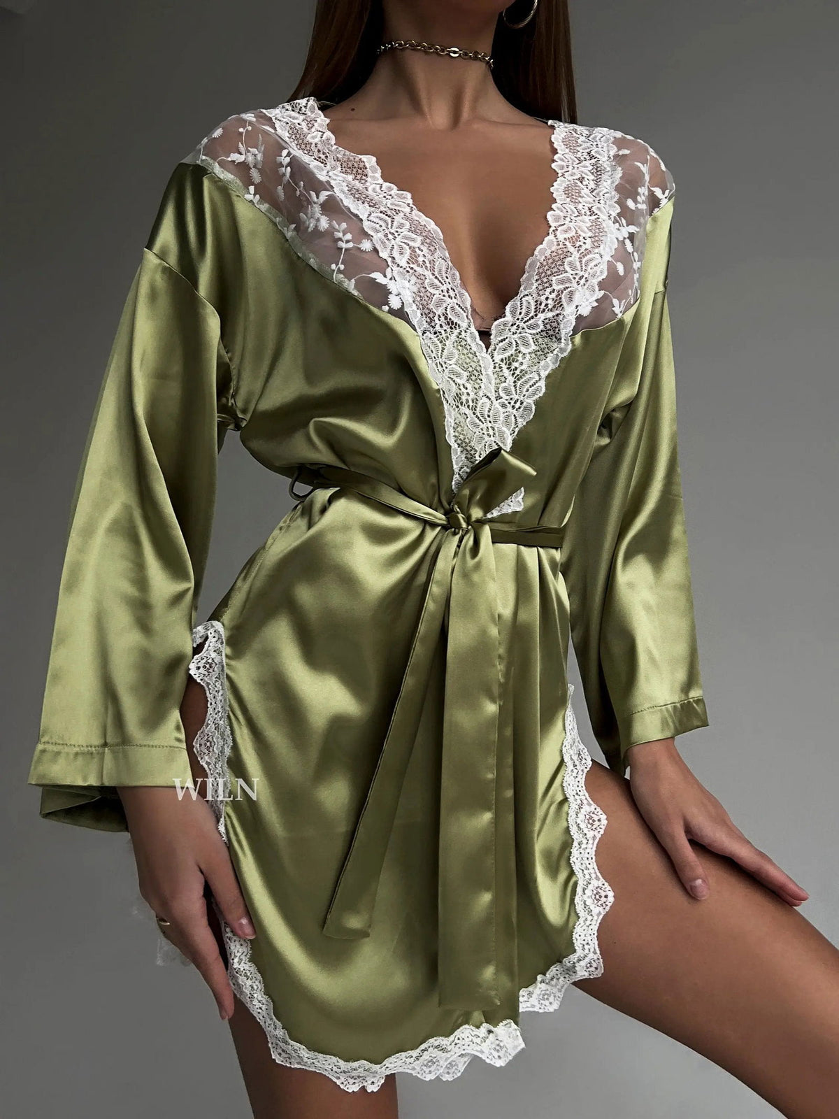 BLISS Luxurious Olive Green Satin Robe