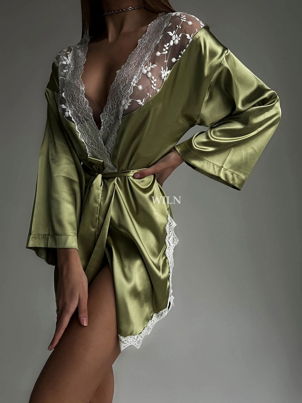 BLISS Luxurious Olive Green Satin Robe