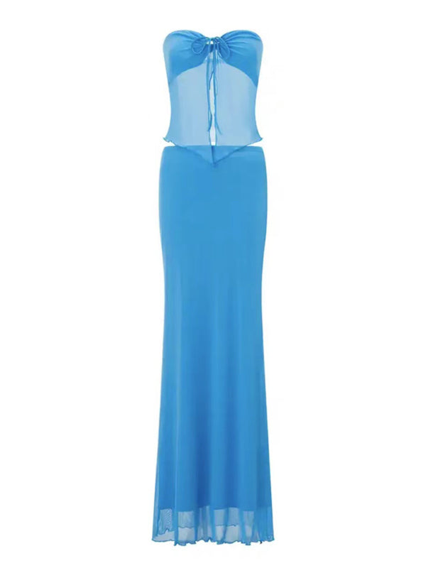 Blue Strapless Mesh Sexy Navel-baring Vest Long Skirt & Top Co-ord Set