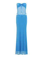 Blue Strapless Mesh Sexy Navel-baring Vest Long Skirt & Top Co-ord Set