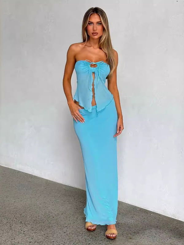 Blue Strapless Mesh Sexy Navel-baring Vest Long Skirt & Top Co-ord Set
