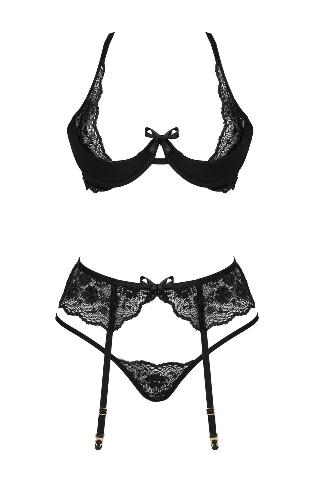Beauty Night Rose Delicate Black Lace Sheer Garter Erotic Lingerie Set Black