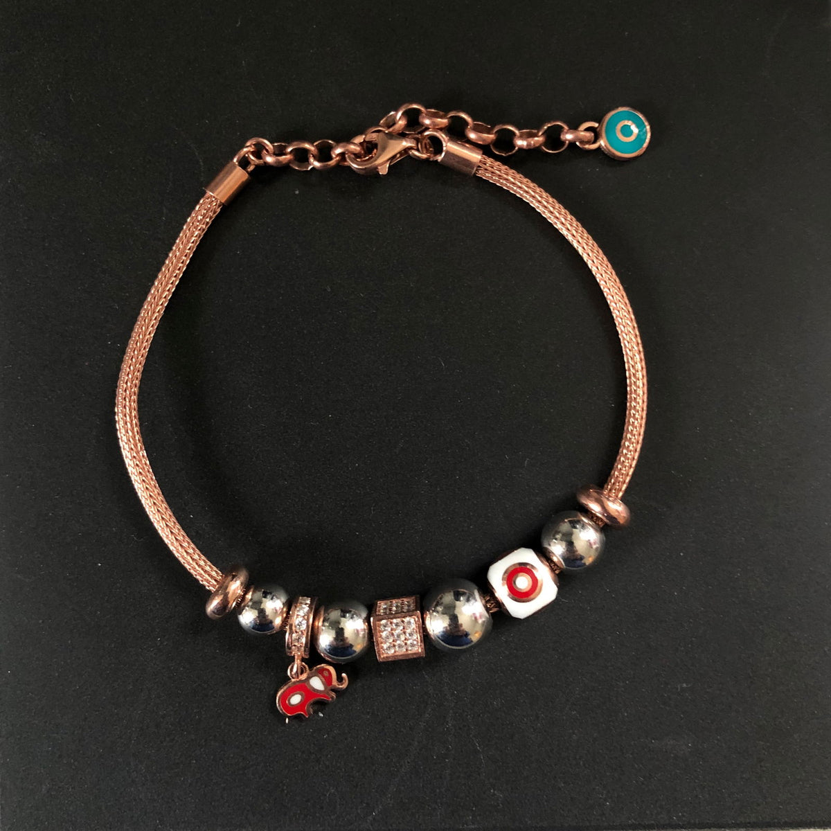 Bracelet with Chunky Charms Adjustable Red elephant Rose gold plated silver
