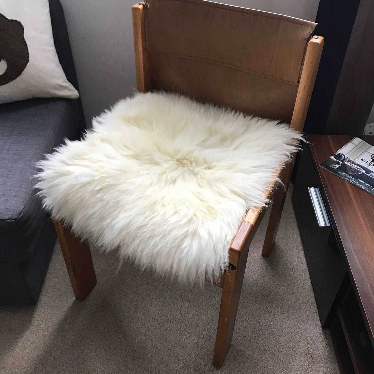 British Sheepskin Seat Cover Ivory Cream White Square 37cm