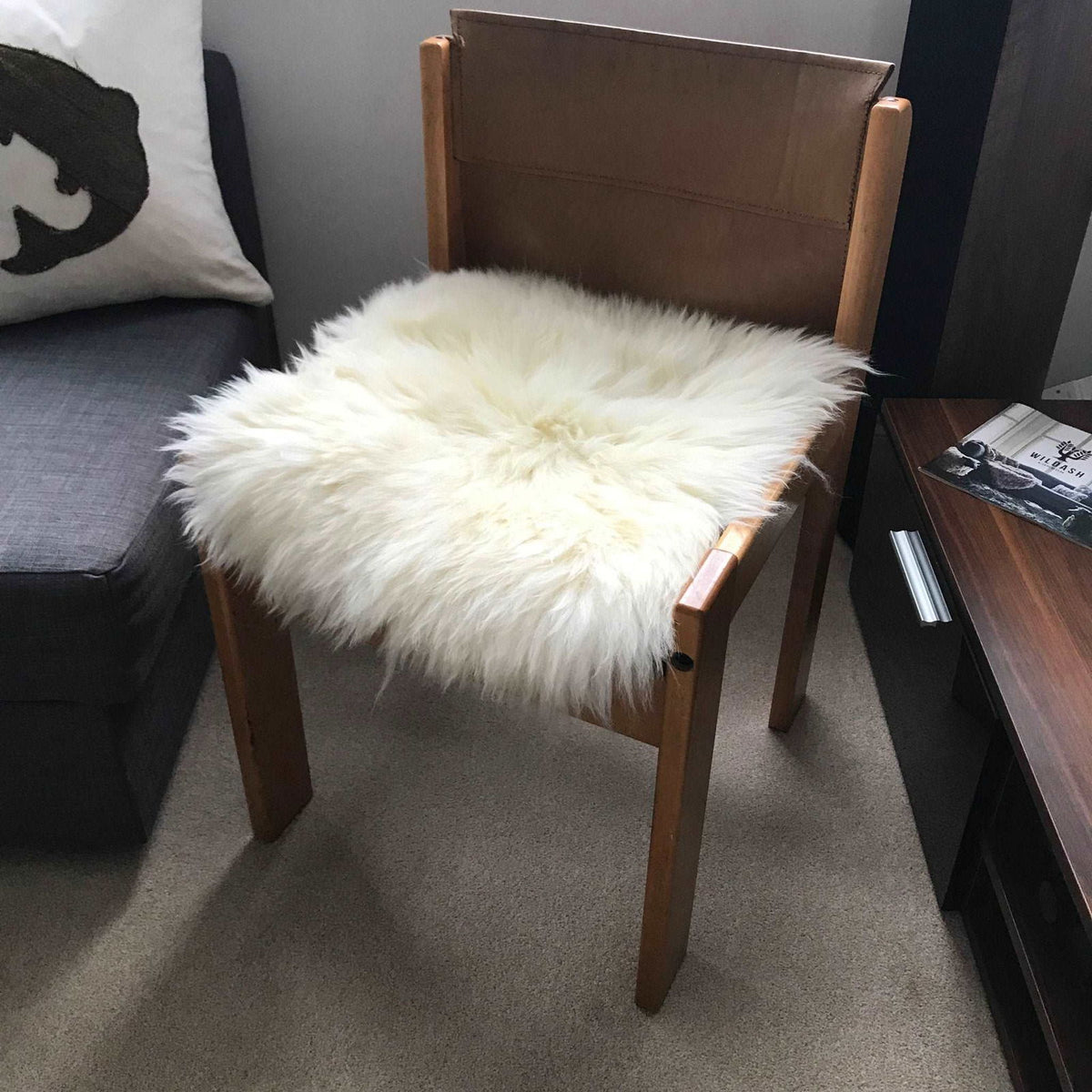 British Sheepskin Seat Cover Ivory Cream White Square 37cm