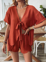 Burnt Orange Casual Ruffle Bow Tie Top Shorts Two-piece Shorts & Top Co-ord Set