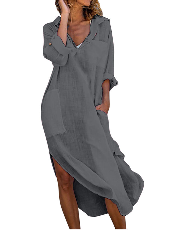 Buttoned Side Slit Loose Breathable Casual Long Shirt Dress Beach Cover Up