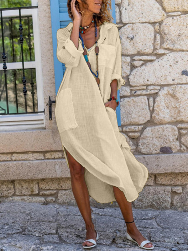 Buttoned Side Slit Loose Breathable Casual Long Shirt Dress Beach Cover Up Khaki