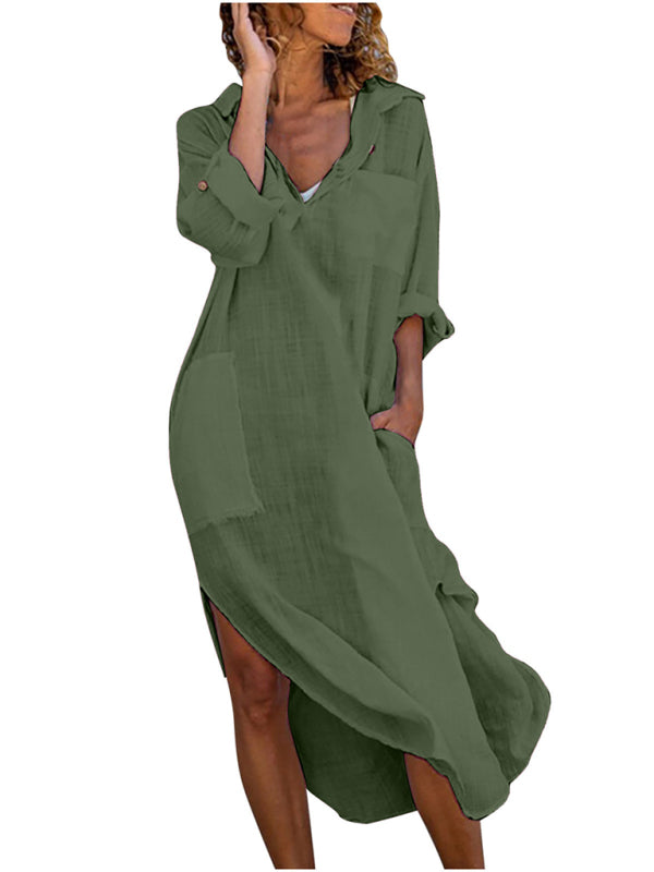 Buttoned Side Slit Loose Breathable Casual Long Shirt Dress Beach Cover Up