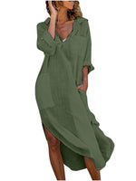 Buttoned Side Slit Loose Breathable Casual Long Shirt Dress Beach Cover Up