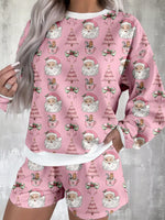 Christmas Santa Print Round Neck Top and Shorts Two Piece Loungewear Set