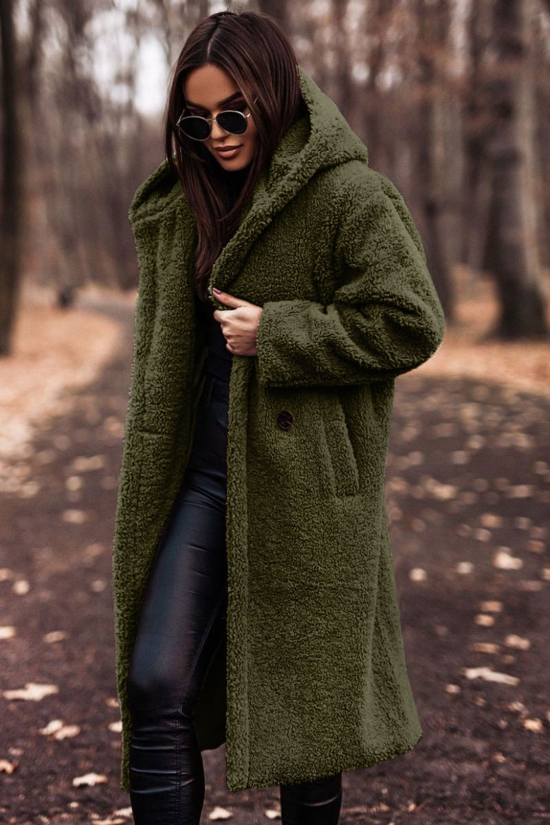 Autumn Winter Women’s Fashion Elegant Plush Warm Faux Fleece Long Teddy Coat Army Green