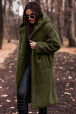 Autumn Winter Women’s Fashion Elegant Plush Warm Faux Fleece Long Teddy Coat Army Green