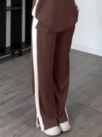 Full Size Contrast Round Neck Top and Pants Loungewear Set