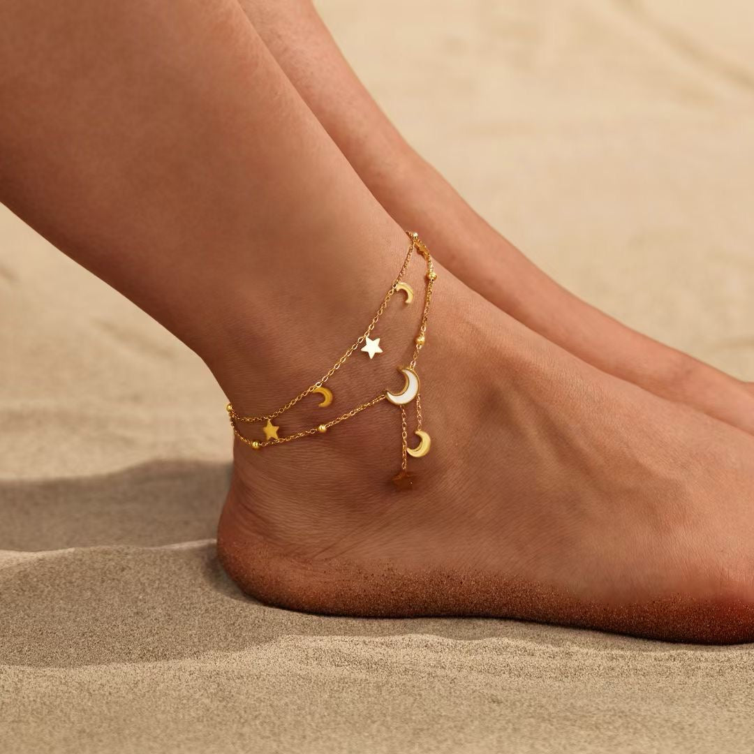 Cassia Double Layer Celestial Moon and Star Gold Anklet