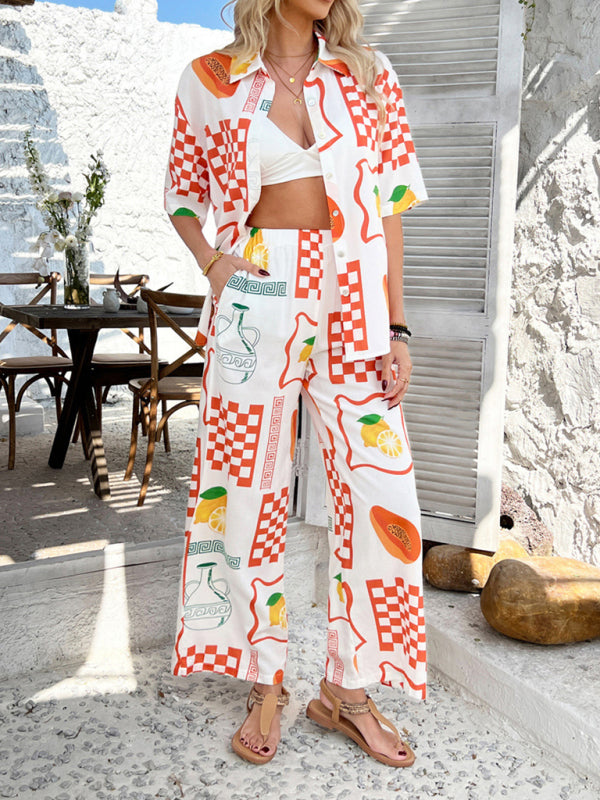 Casual Boho Holiday Style Contrast Print Wide Leg Trouser & Top Co-ord Set Orange