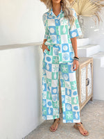 Casual Boho Holiday Style Contrast Print Wide Leg Trouser & Top Co-ord Set