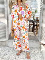 Casual Boho Holiday Style Contrast Print Wide Leg Trouser & Top Co-ord Set