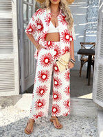 Casual Boho Holiday Style Contrast Print Wide Leg Trouser & Top Co-ord Set Red