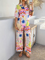 Casual Boho Holiday Style Contrast Print Wide Leg Trouser & Top Co-ord Set Pink
