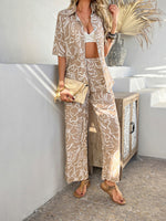 Casual Boho Holiday Style Contrast Print Wide Leg Trouser & Top Co-ord Set Coffee