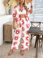 Casual Boho Holiday Style Contrast Print Wide Leg Trouser & Top Co-ord Set Rose