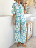 Casual Boho Holiday Style Contrast Print Wide Leg Trouser & Top Co-ord Set
