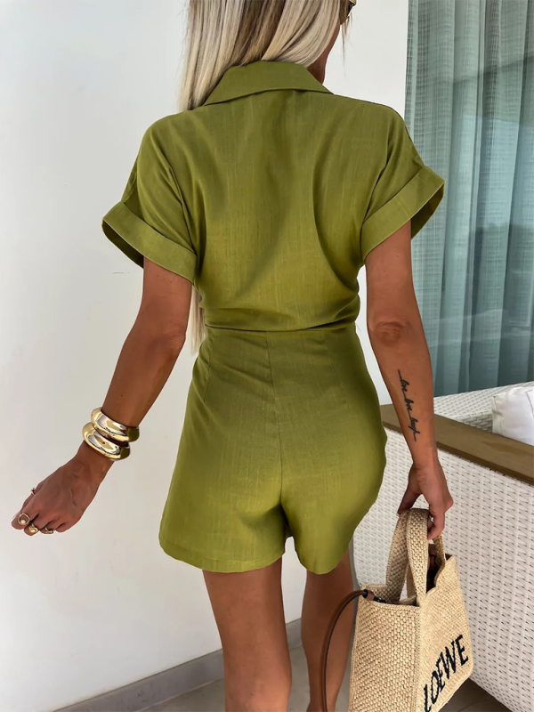 Casual Lapel Short Sleeve Side Tie Jumpsuit