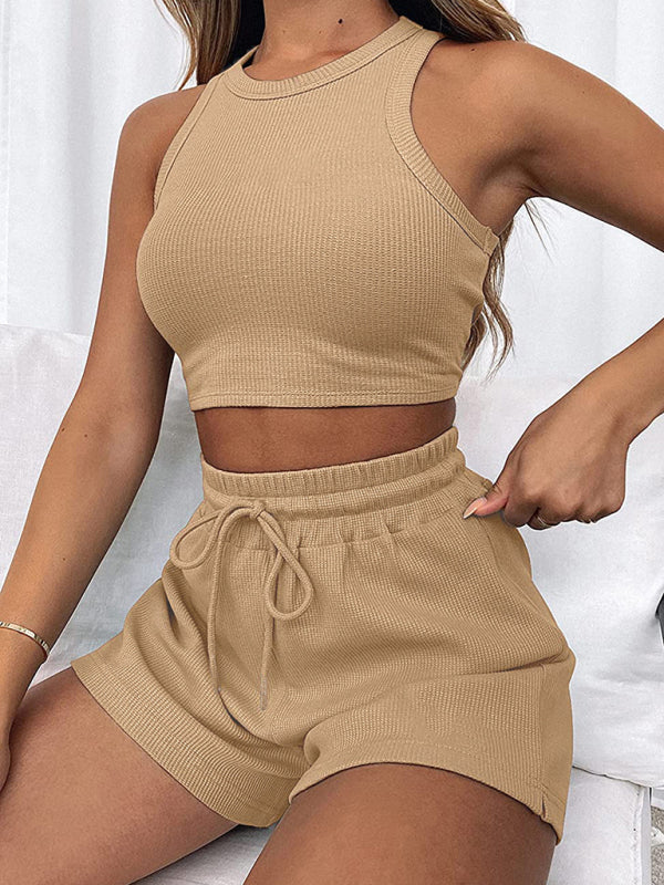 Casual Sleeveless Top & Shorts Loungewear Set Khaki