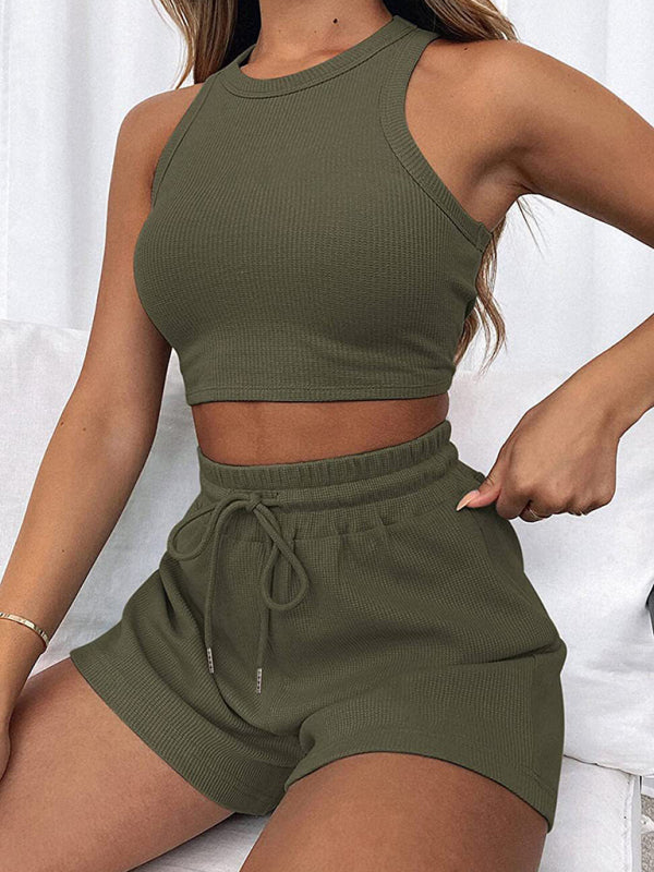 Casual Sleeveless Top & Shorts Loungewear Set Olive green