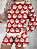 Christmas Santa Print Round Neck Top and Shorts Two Piece Loungewear Set