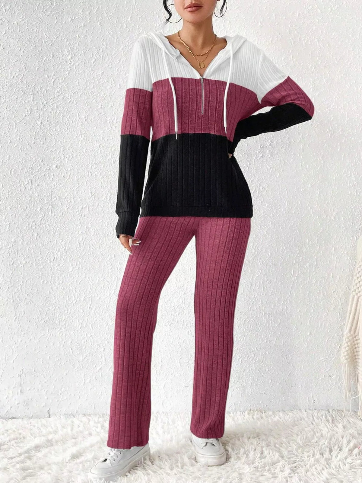 Color Block Half Zip Hooded Top and Pants Loungewear Set Hot Pink