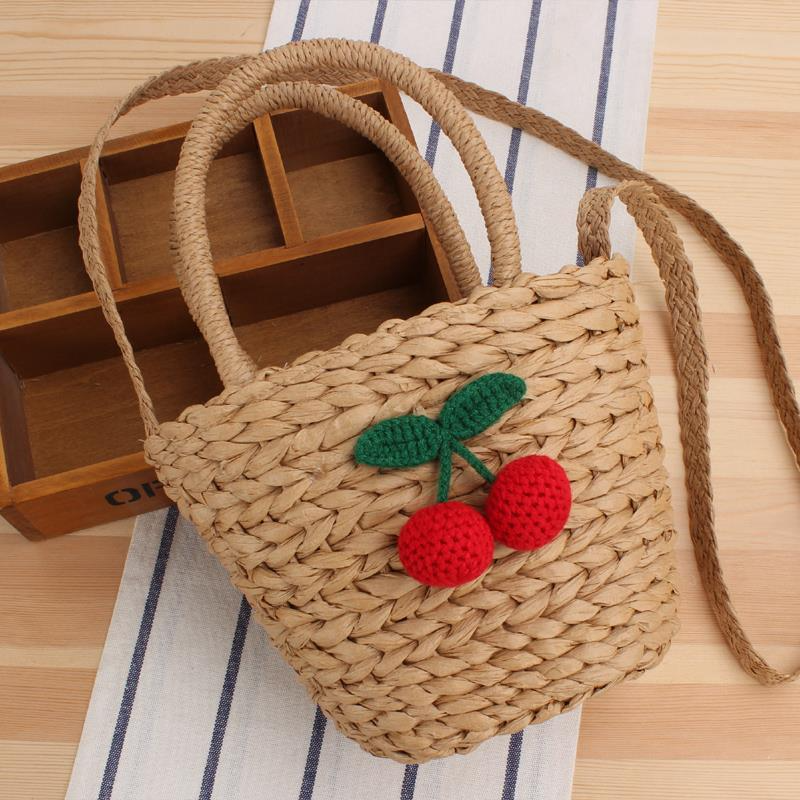 Cherry-Adorned Woven Straw Vacation Bag Small Beach Tote Brown